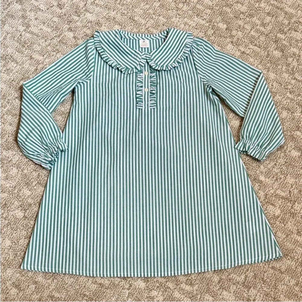J.Crew Girls' Long-Sleeve Green Stripe Ruffle-Front Nightgown—S